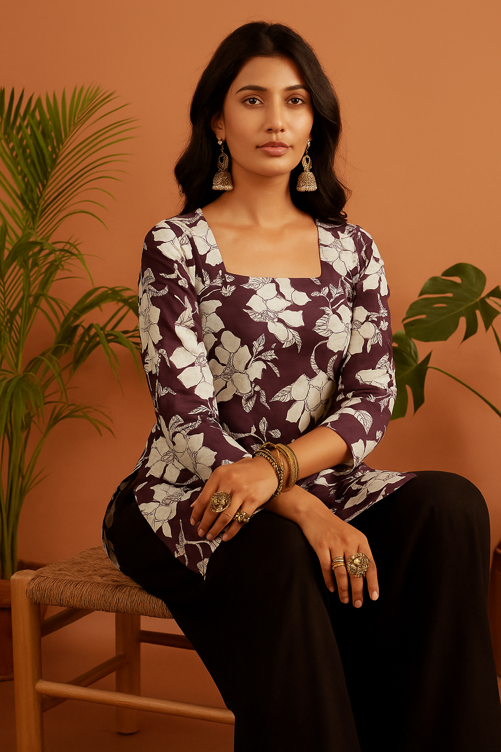 Udariya Women’s Floral Print Short Kurti – Elegant Square Neck Purple