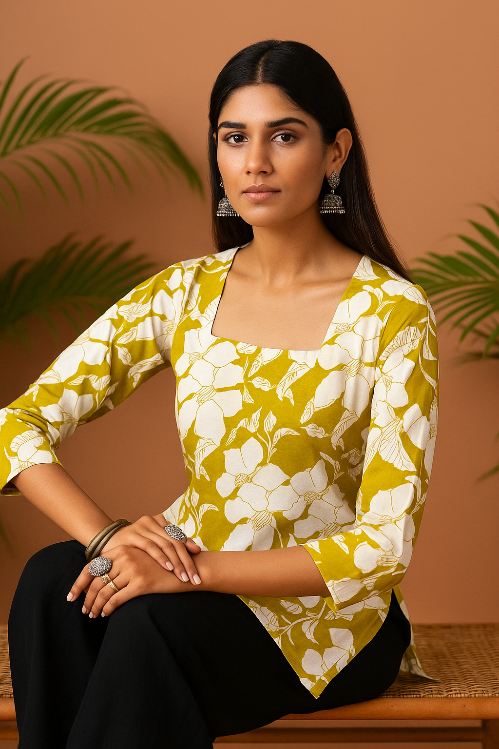 Udariya Women’s Floral Print Short Kurti – Elegant Square Neck LIGHT GREEN
