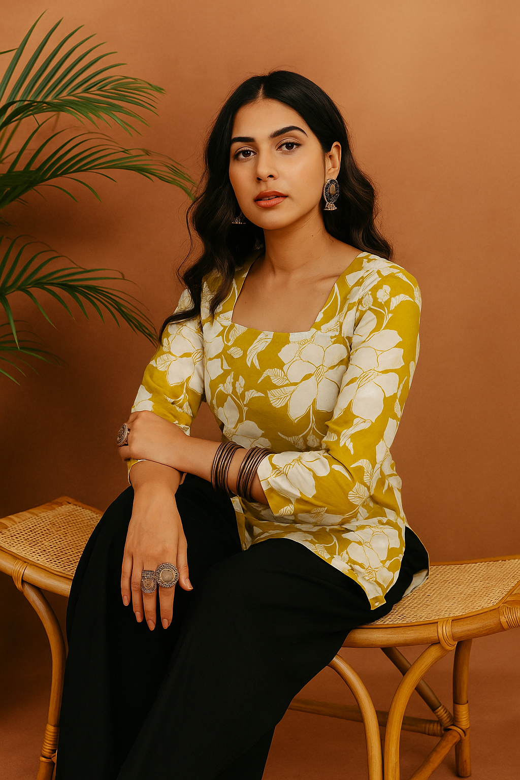 Udariya Women’s Floral Print Short Kurti – Elegant Square Neck LIGHT GREEN