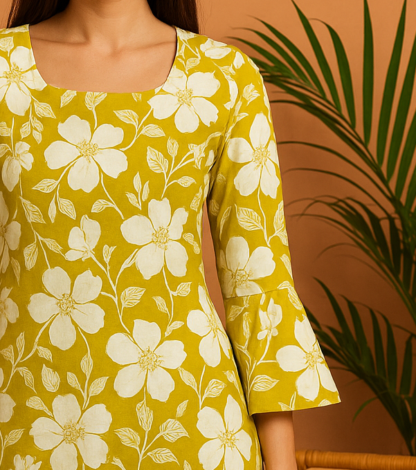 Udariya Women’s Floral Print Short Kurti – Elegant Square Neck LIGHT GREEN