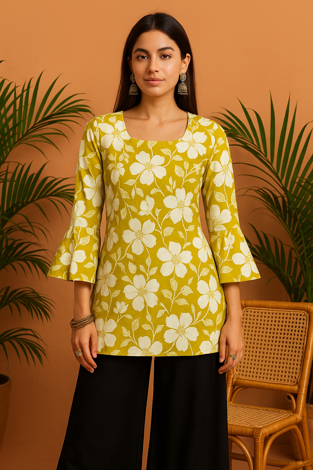 Udariya Women’s Floral Print Short Kurti – Elegant Square Neck LIGHT GREEN