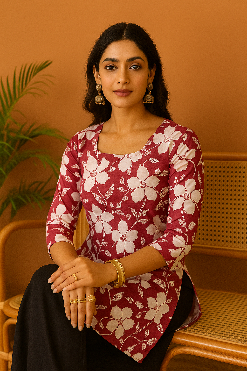 Udariya Women’s Floral Print Short Kurti – Elegant Square Neck PINK