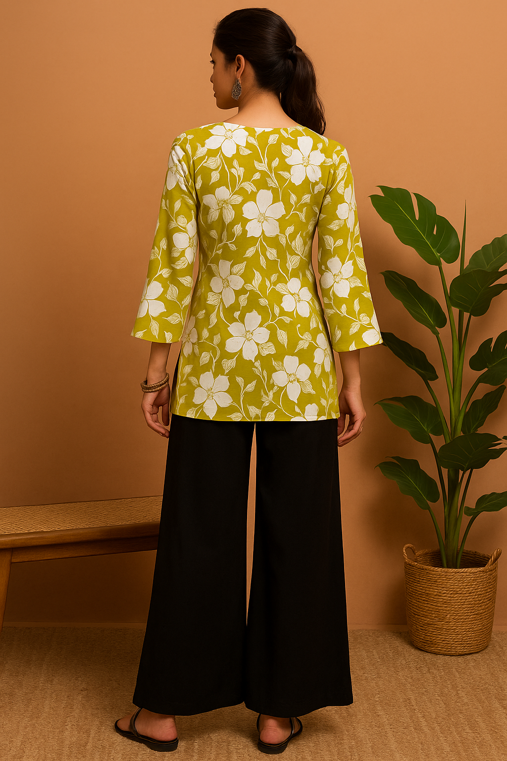 Udariya Women’s Floral Print Short Kurti – Elegant Square Neck LIGHT GREEN