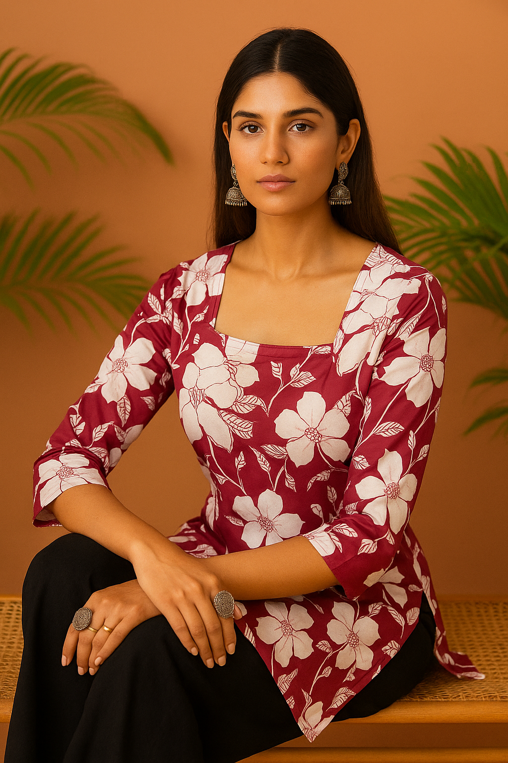 Udariya Women’s Floral Print Short Kurti – Elegant Square Neck PINK