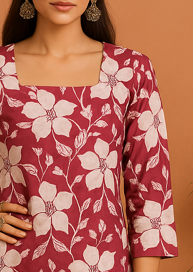 Udariya Women’s Floral Print Short Kurti – Elegant Square Neck PINK