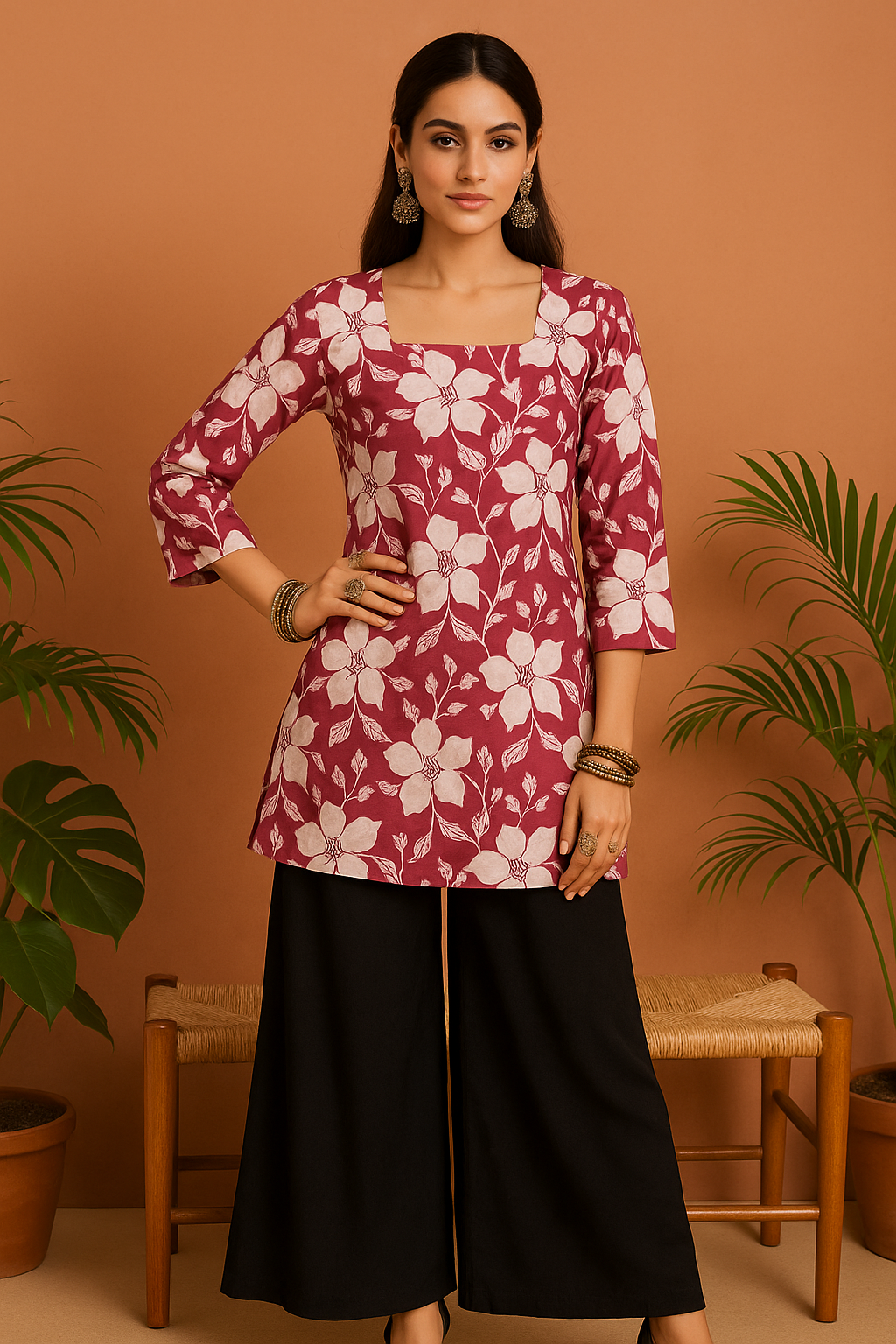 Udariya Women’s Floral Print Short Kurti – Elegant Square Neck PINK