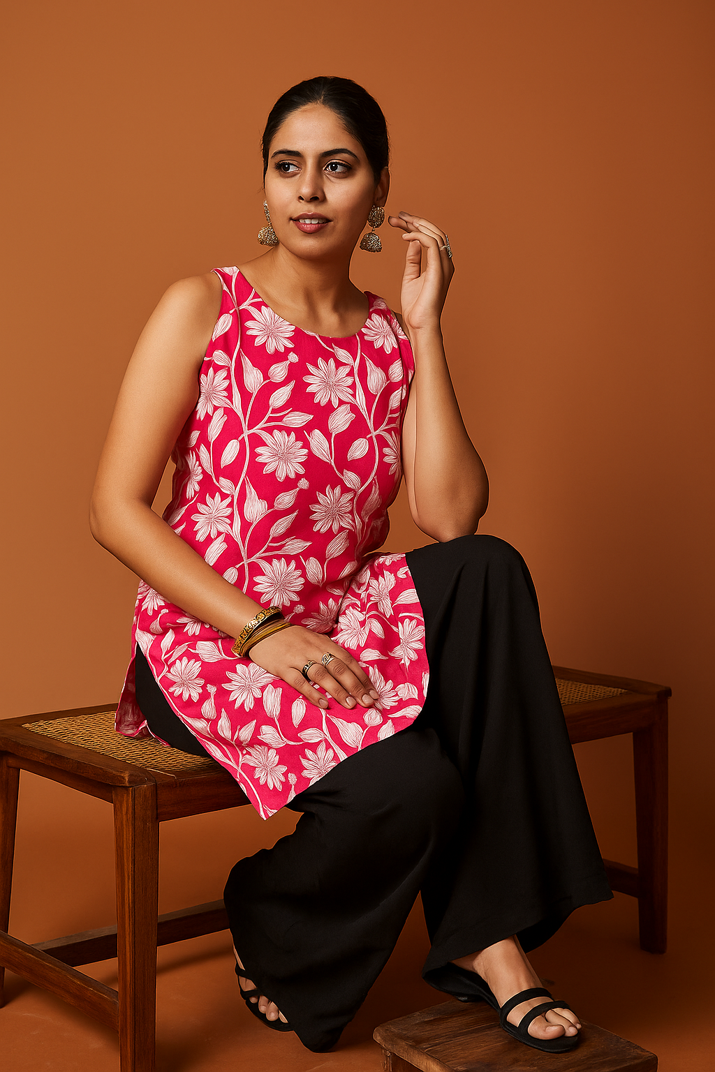 Floral Sleeveless Cotton Kurti - PURPLE