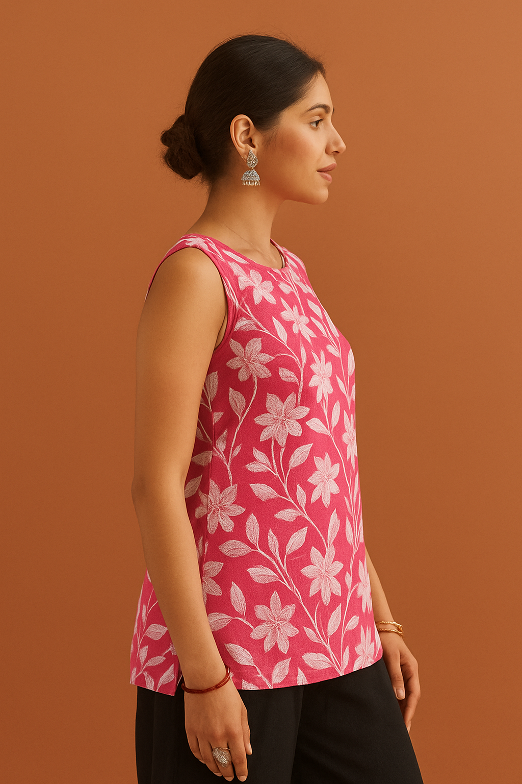 Floral Sleeveless Cotton Kurti - PURPLE