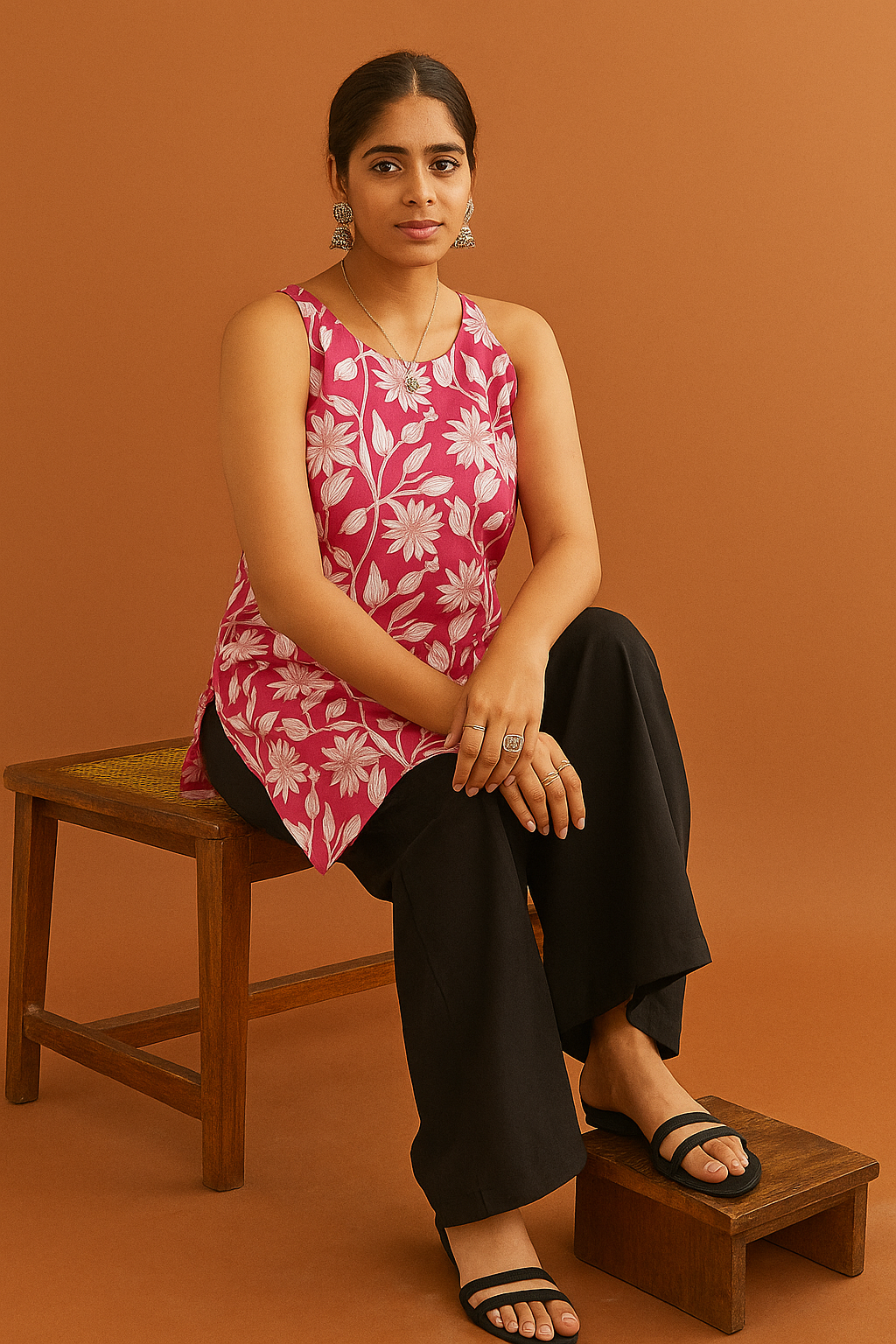 Floral Sleeveless Cotton Kurti - PINK