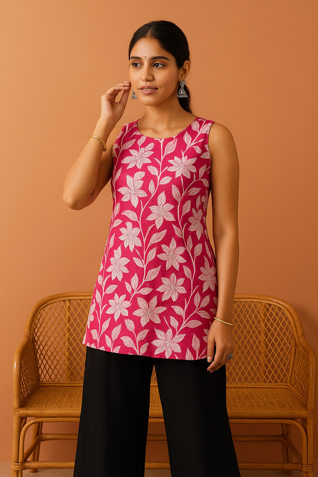 Floral Sleeveless Cotton Kurti - PINK