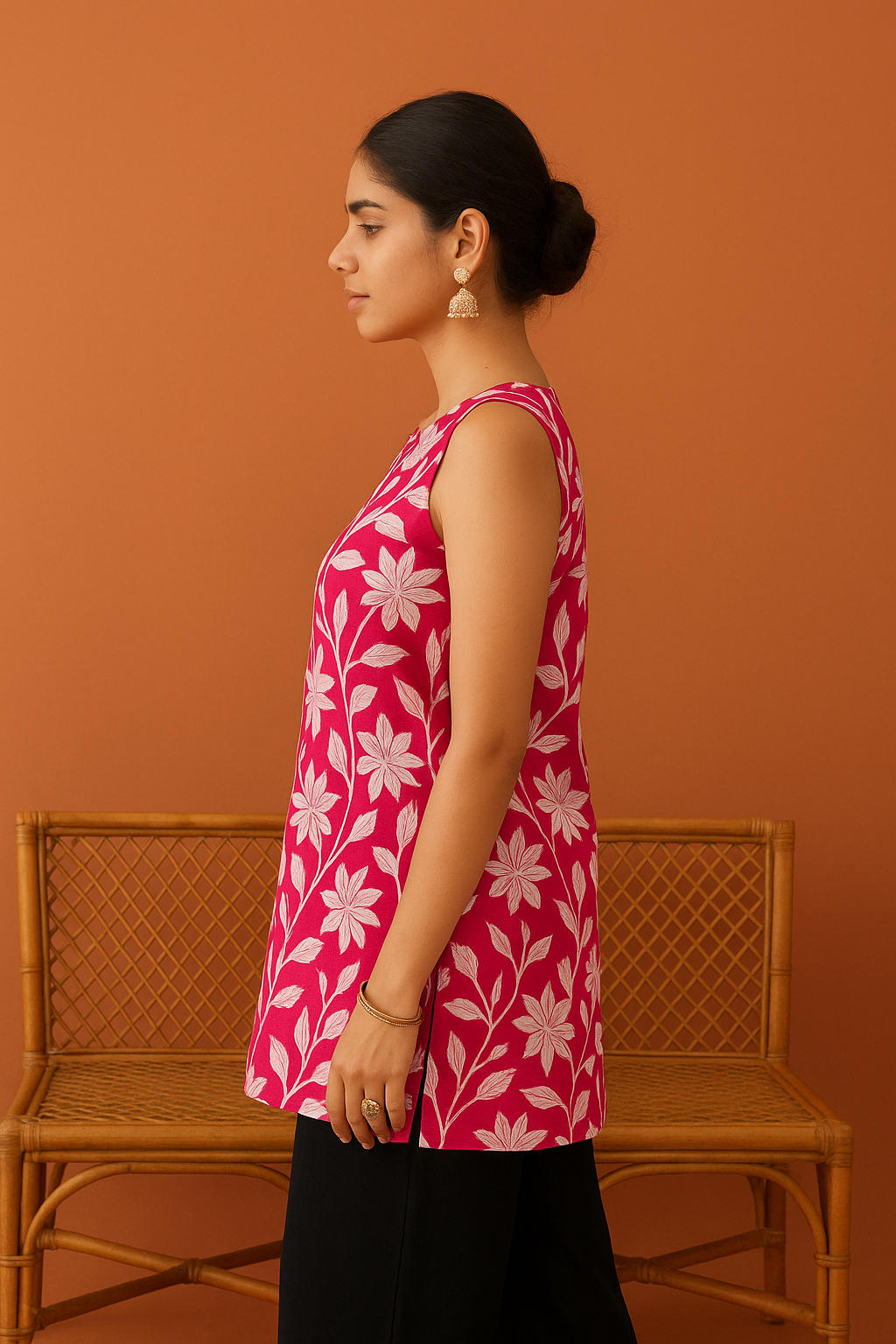 Floral Sleeveless Cotton Kurti - PINK