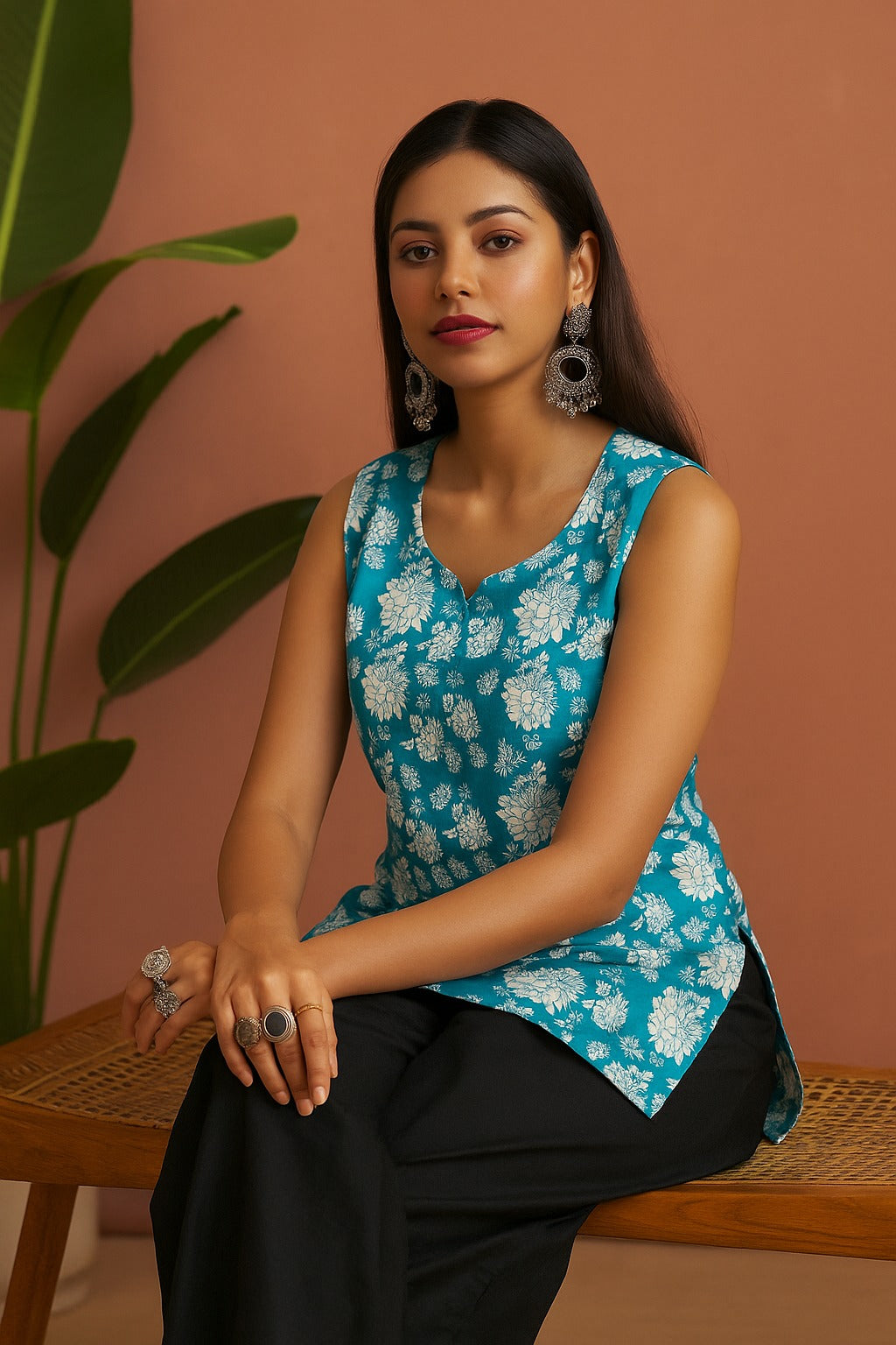 Udariya Women’s Floral Printed Sleeveless Short Kurti Light Blue