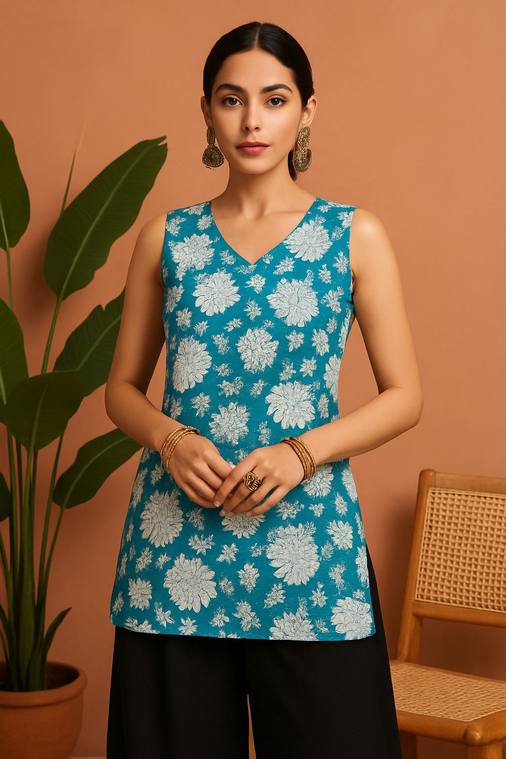 Udariya Women’s Floral Printed Sleeveless Short Kurti Light Blue
