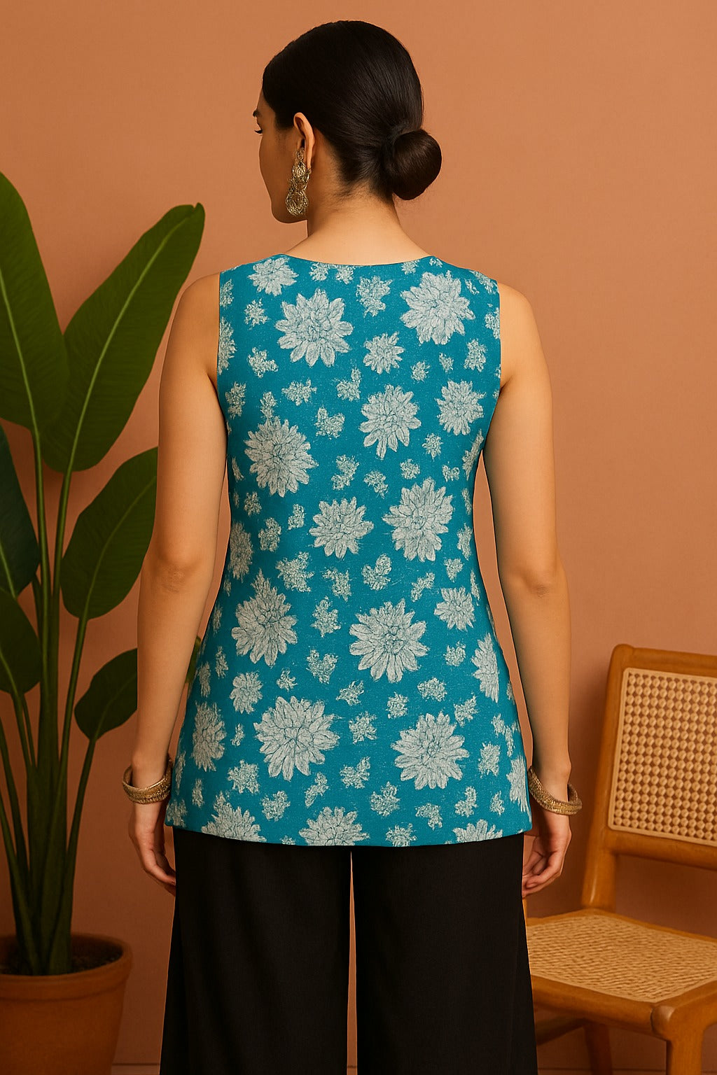 Udariya Women’s Floral Printed Sleeveless Short Kurti Light Blue