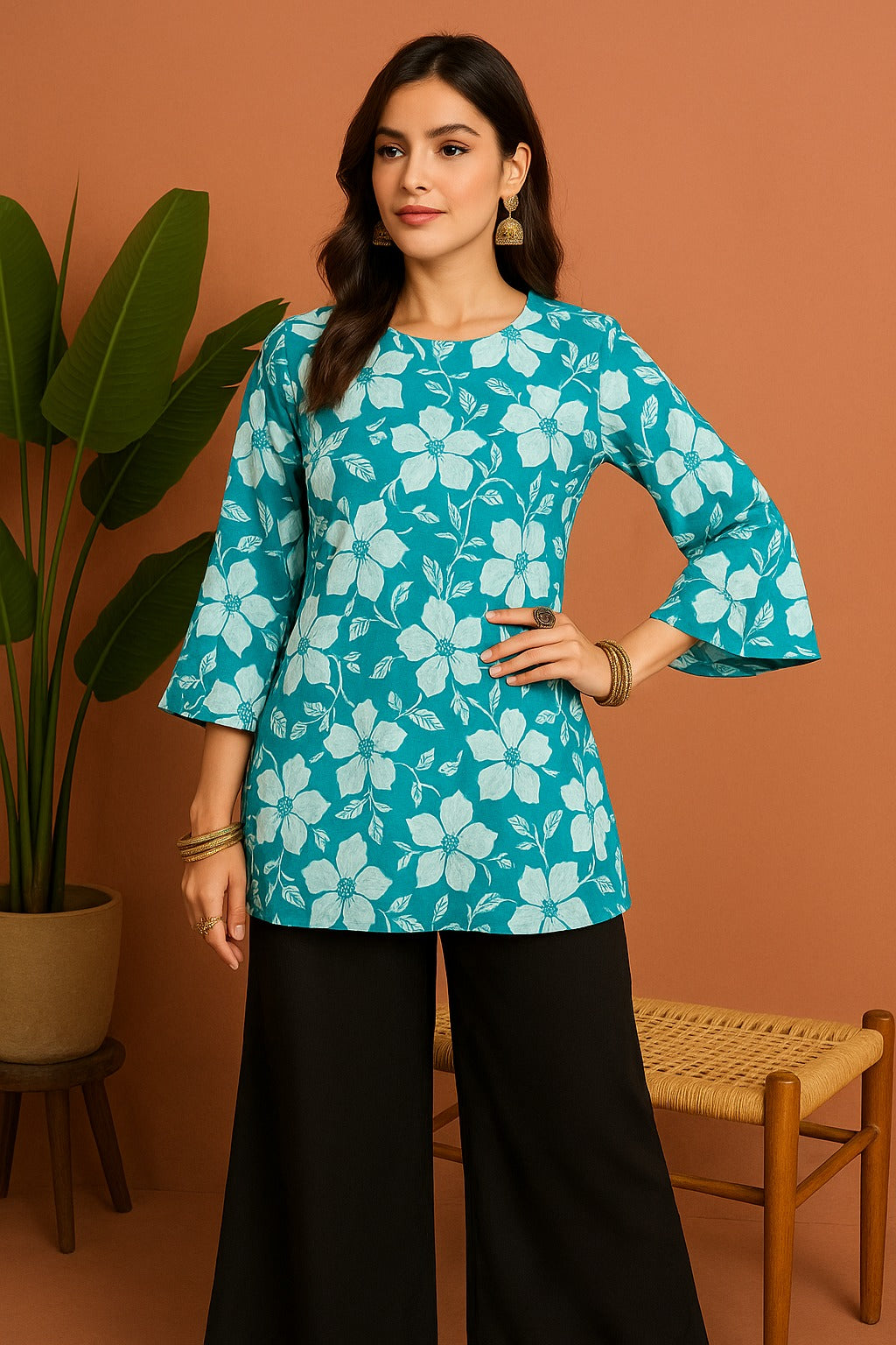 Udariya Women’s Floral Print Short Kurti – Elegant Square Neck SKY BLUE