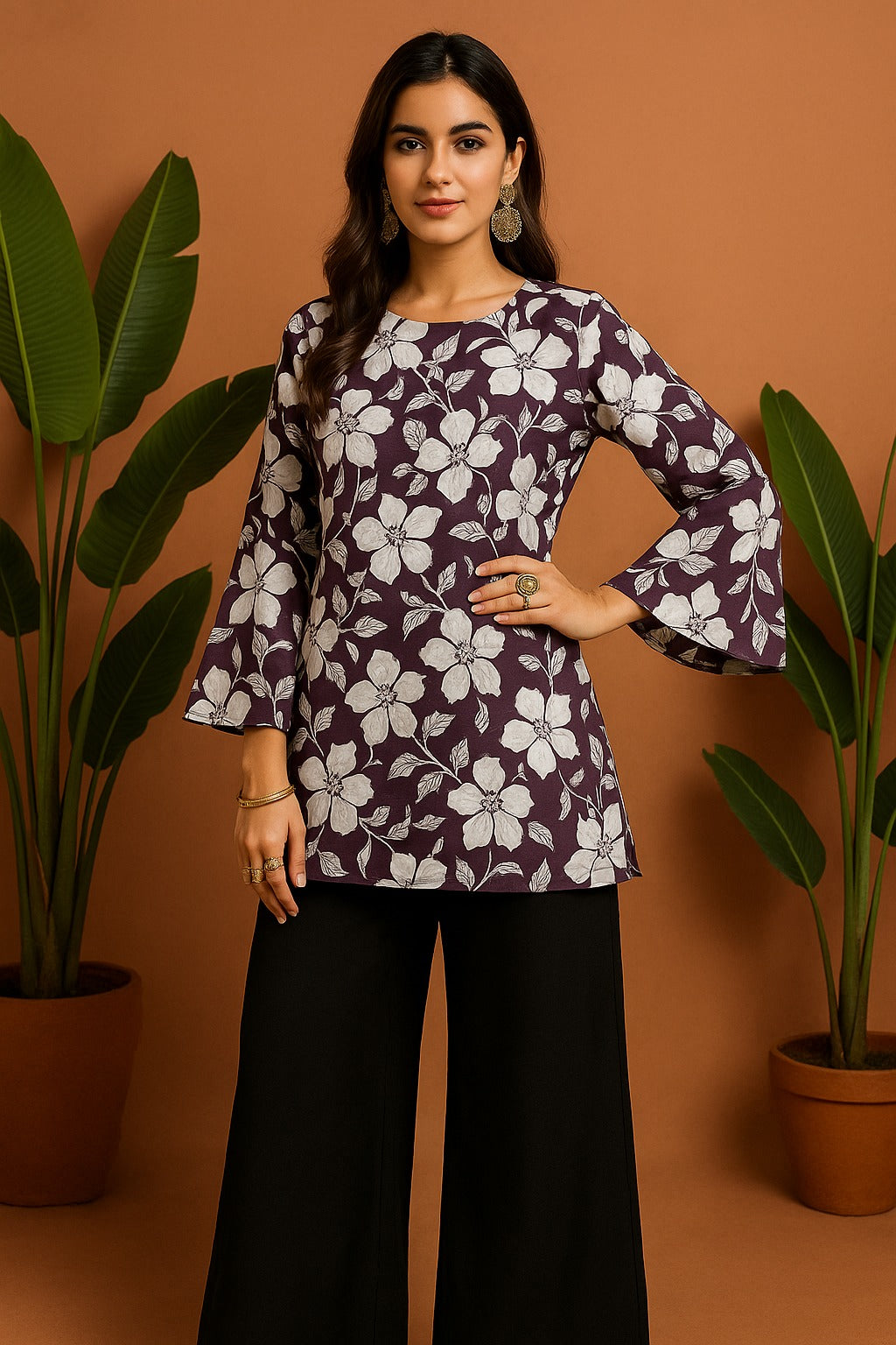 Udariya Women’s Floral Print Short Kurti – Elegant Square Neck Purple