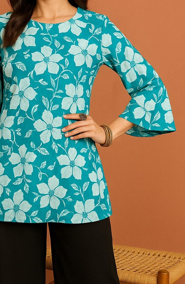 Udariya Women’s Floral Print Short Kurti – Elegant Square Neck SKY BLUE