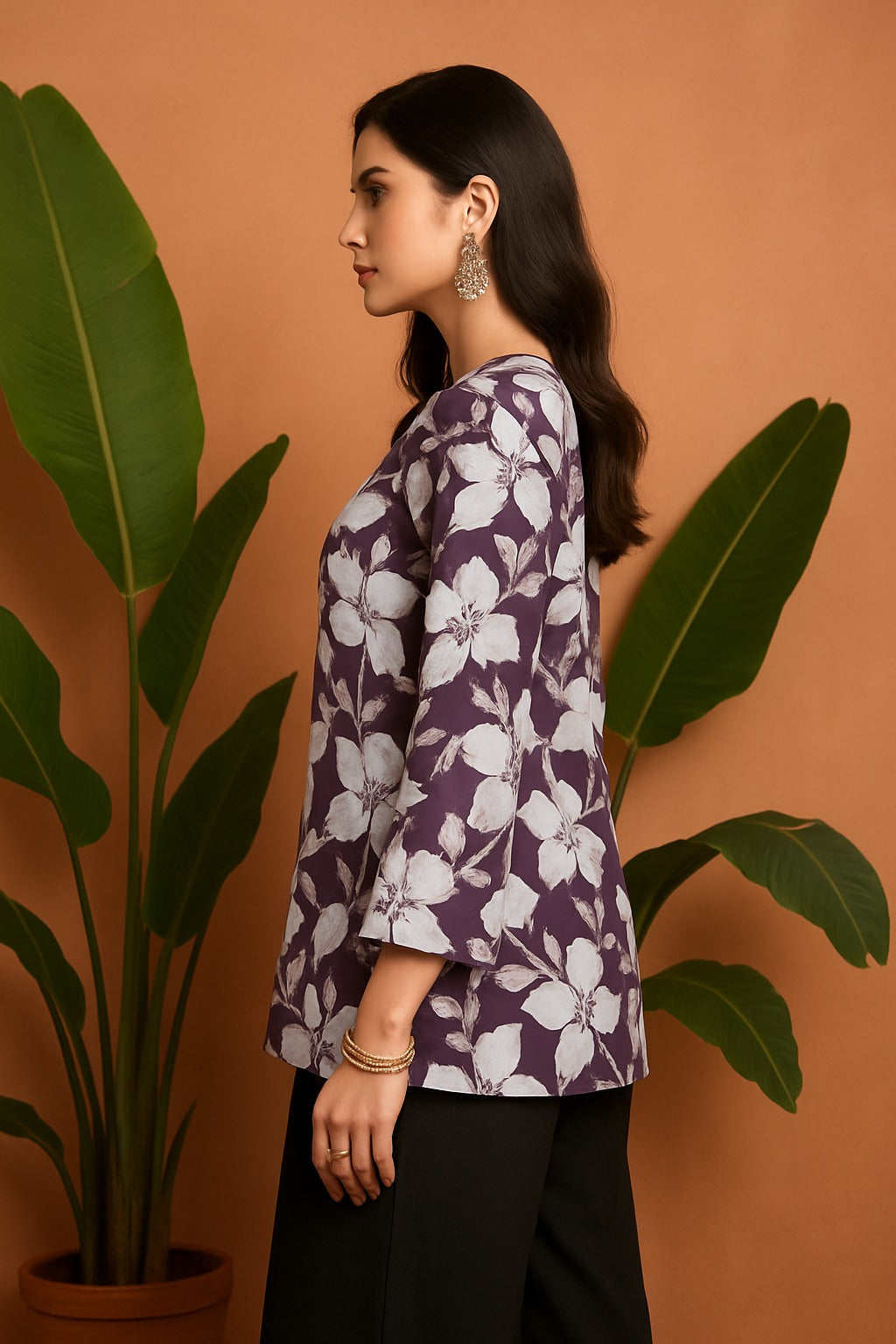 Udariya Women’s Floral Print Short Kurti – Elegant Square Neck Purple