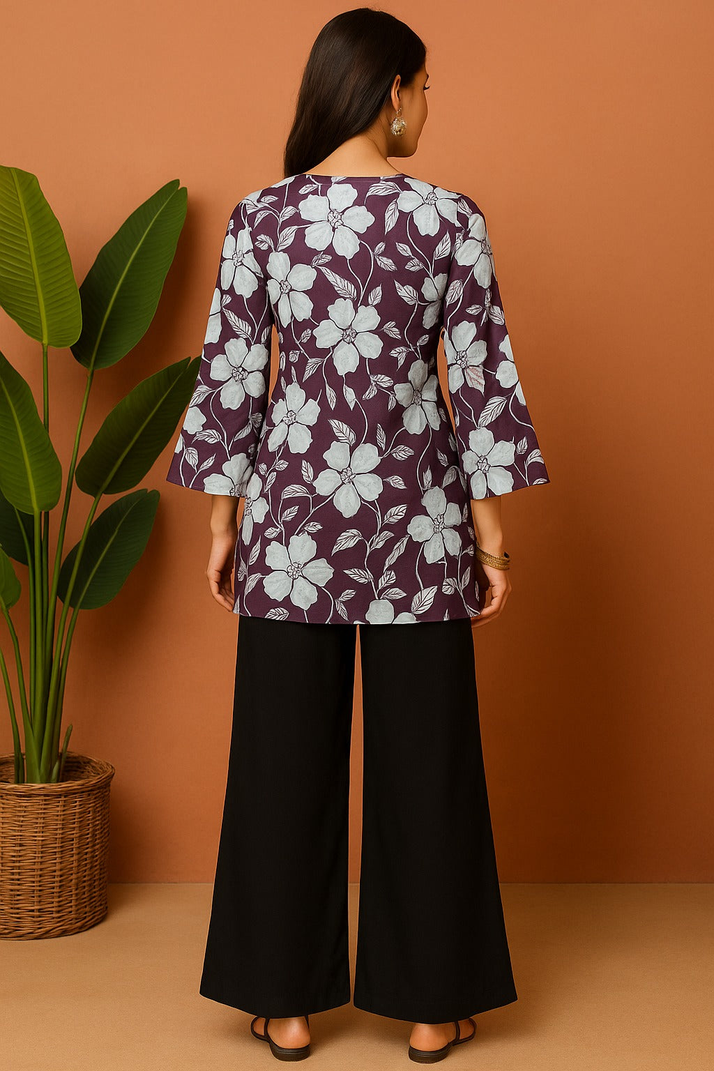 Udariya Women’s Floral Print Short Kurti – Elegant Square Neck Purple