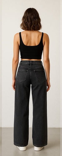 High-Waist Wide Leg Denim Pants for Women | Trendy, Comfortable & Versatile Bottom Wear - Grey - Alternative view