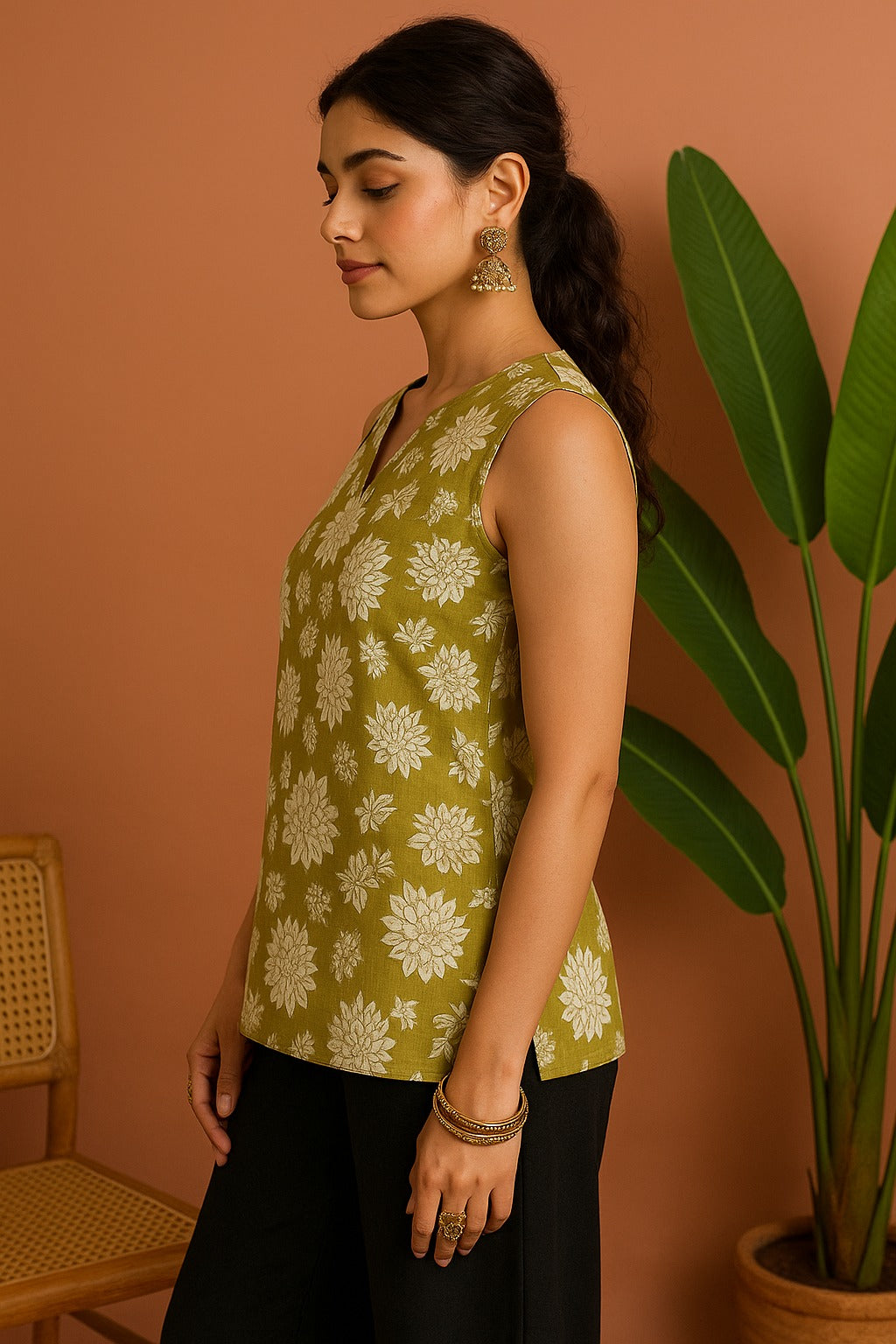 Udariya Women’s Floral Printed Sleeveless Short Kurti light green