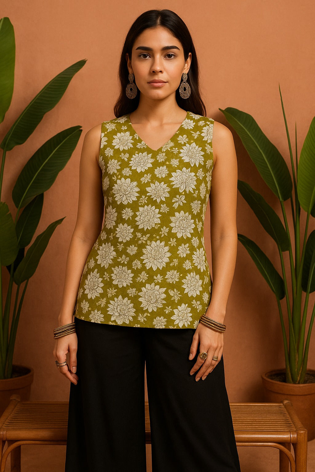 Udariya Women’s Floral Printed Sleeveless Short Kurti light green