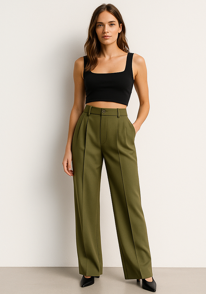 Women’s High-Waist Wide-Leg Formal Pants – Olive