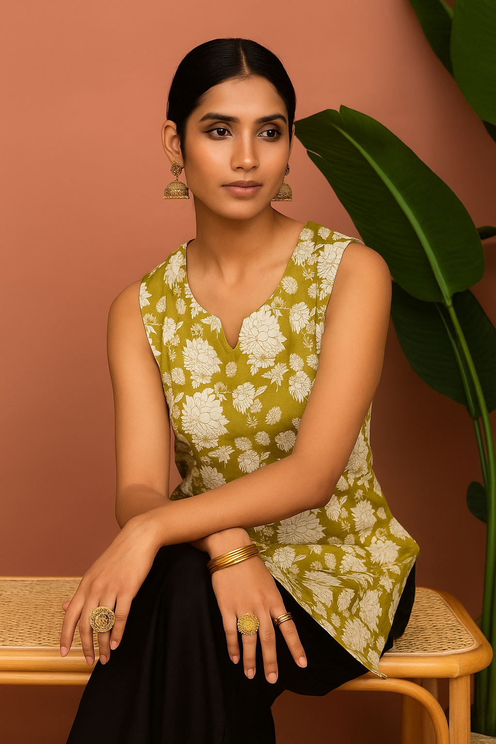 Udariya Women’s Floral Printed Sleeveless Short Kurti light green