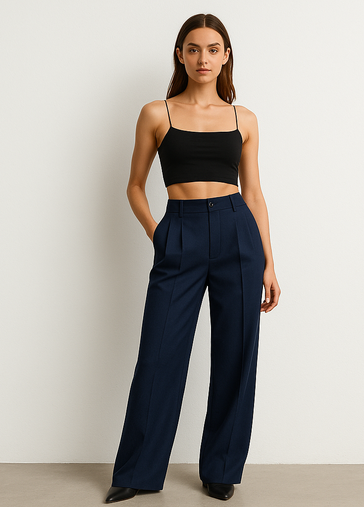 Women’s High-Waist Wide-Leg Formal Pants – Navy Blue