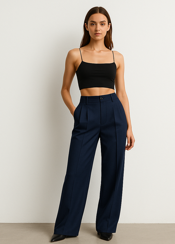 Women’s High-Waist Wide-Leg Formal Pants – Navy Blue